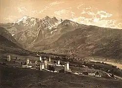 Abbildung von 1875 der Ortschaften Mulakhi und Mujali nordöstlich von Mestia.