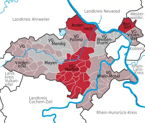 Lage der Verbandsgemeinden und verbandsfreien Städte im Landkreis Mayen-Koblenz