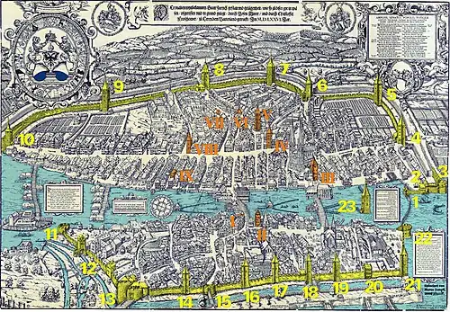 Mauern und Türme (gelb) sowie Adelstürme (orange) der zweiten Stadtbefestigung auf dem Murerplan von 1576; der Bilgeriturm ist mit VII gekennzeichnet.