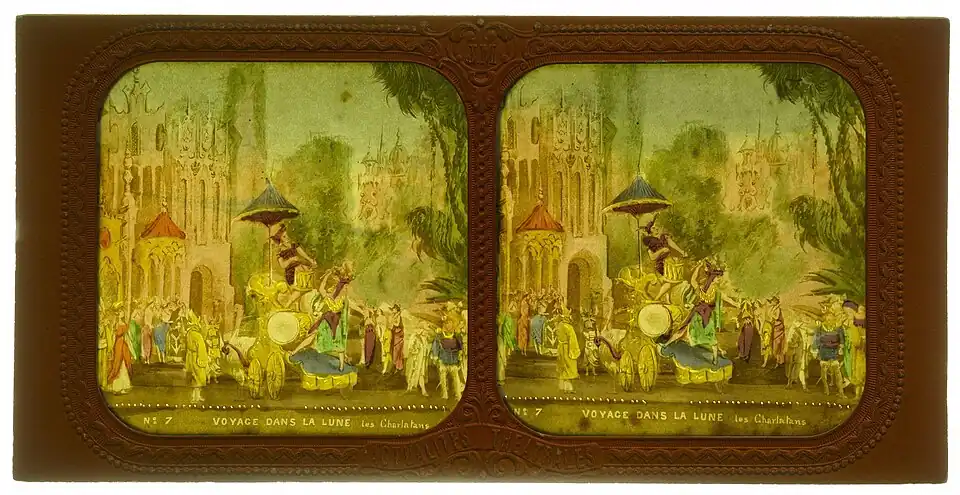 Die Scharlatane. Stereoskopie von Jules Alexandre Marinier, um 1875
