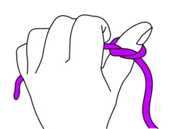 Um den Daumen wird ein halber Knoten gebunden. Das kurze Faden­ende (links) wird von Ring- und kleinem Finger gehalten.