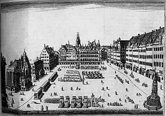 Von Norden mit Frauenkirche (links) und Schönem Brunnen (rechts), 1707