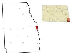 Lage von Wahpeton im Richland County (links) und in North Dakota (rechts)