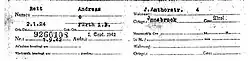 NSDAP-Mitgliedskarte, per Schreibmaschine ausgefüllt. Name: Rett, Andreas / Geb-Datum: 2.1.24 Geb-Ort: Fürth i. B. / Nr.: 9266108 Aufn.: 1. Sept. 1942 / Wohnung: J. Amthorstr. 4 / Ortsgr.: Innsbruck / Gau:Tirol
