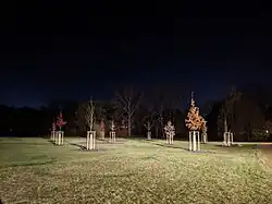 10 junge, einzeln stehende Bäume auf einer Wiese unter schwarzem Himmel