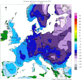 Tiefsttemperatur Europa, 5.–11. Februar (lila&nbsp;<&nbsp;–20 °C)