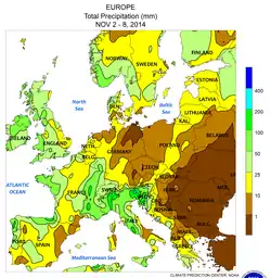 Niederschlagssummen 2.–8.: Erkennbar die Extremereignisse an der Kärntnerisch-Furlanischen Grenze und am unteren Isonzo (über 400&nbsp;mm), die Stauzonen im Rhone-Gebiet und Raum Genua–Lombardei–Tessin und in Slowenien, sowie im Latium und Sizilien mit je über 200&nbsp;mm