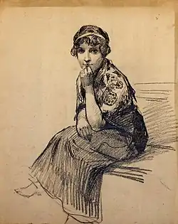 Nachdenkende II, Zeichnung, 33 × 48 cm