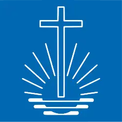 Logo der NAK: weißes Kirchenemblem auf hellblauem Hintergrund