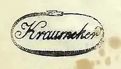 Namensstempel des Peter Krausneker rund um den Namen ein Ouroboros, der Mitgliedschaft in einer philanthropischen Gesellschaft andeutet.