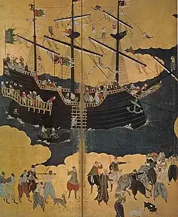 Stellschirm mit portugiesischem Schiff in Japan (Ausschnitt)