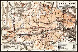 Sarajevo um 1905 mit Linienführung der Ostbahn durch den Vorort Bistrik im Süden der Stadt.