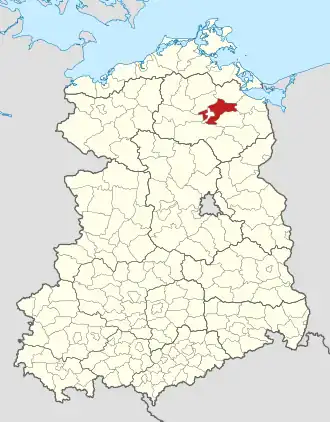 Lage des Kreises Neubrandenburg-Land in der Deutschen Demokratischen Republik (Stand 6. Mai 1990)