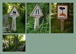 Abbildungen Waldbrandgefahr, Schleudergefahr, Fahrbahnverengung