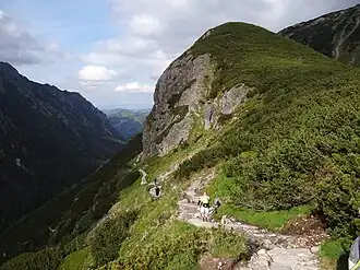 Blick vom Wanderweg bei der Schutzhütte Schronisko PTTK w Dolinie Pięciu Stawów Polskich