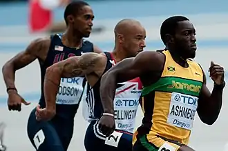 Fünfter Vorlauf (v.&nbsp;l.&nbsp;n.&nbsp;r.): Jeremy Dodson, James Ellington, Nickel&nbsp;Ashmeade