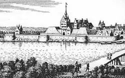 Kupferstich nach Merian von 1647 mit dem Nienburger Schloss und dem Stockturm, links