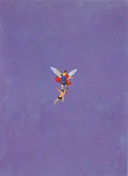 Inmitten einer lila Farbfläche schwebt der Erzengel Michael über einem Menschen