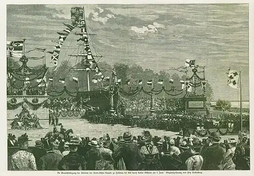 Die Grundsteinlegung des Nord-Ostsee-Kanals durch Kaiser Wilhelm II in Kiel Holtenau am 3. Juni 1887, Holzstich und Zeitschriftenillustration von Fritz Stoltenberg