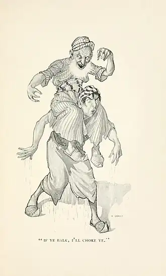 5. Reise: Der Alte Mann des Meeres zwingt Sindbad, ihn auf seinen Schultern zu tragen und ihn überall hinzubringen, wo er wil.