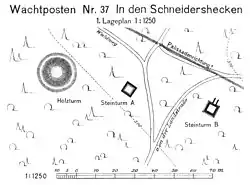 Situation am Wp 10/37 (um 1895), einem der ungewöhnlichsten und fundintensivsten Wachtpostenpunkte am Odenwaldlimes