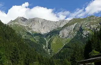 Ochsenbug mit Bretterwand und Hintereggkogel (von links nach rechts) von Süden