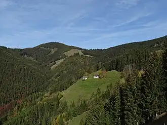 Blick von Südosten auf den Ochsenkogel. An der Schanzwiese unterhalb des Gipfels liegt der Tiefsattel.