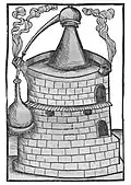 Balneum Mariae. Ofen mit Kupfer-Cappel, Glas-Cucurbit, Glas-Alembic und Glas-Viole. 1500[18]