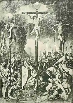 Adam Offinger (gest. um 1600): Kreuzigung im Gedräng, Tafelmalerei, 1598