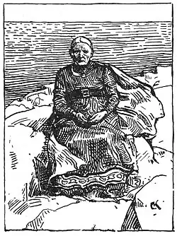 Die schwarz-weiße Zeichnung zeigt eine alte Frau, die ein langes Kleid trägt und zwischen Felsen sitzt; der Wind lässt ihren offenen Umhang wehen und im Hintergrund ist das Meer zu sehen.