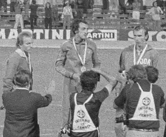 Siegerehrung (v.&nbsp;l.&nbsp;n.&nbsp;r.): Manfred&nbsp;Ommer, Pietro&nbsp;Mennea, Hans-Jürgen Bombach