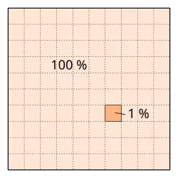Abgebildet ist ein großes Quadrat, das mit "100 %" beschriftet ist. Über dieses Quadrat ist ein regelmäßiges, rechtwinkliges Raster gelegt, das das große Quadrat in zehn gleich breite Spalten und zehn gleich hohe Zeilen unterteilt, wodurch 10 mal 10 gleich 100 jeweils gleich große, aber kleinere Quadrate entstehen. Eines dieser kleinen Quadrate ist optisch hervorgehoben und mit "1 %" beschriftet.
