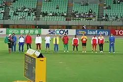 Die Diskuswurf-Finalteilnehmerinnen bei ihrer Präsentation vor dem&nbsp;Wettkampf