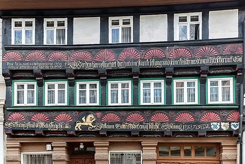 Barocke Bibelsprüche auf Stockwerkschwellen, 1579 (Osterwiek)