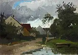 Bauernhaus mit Teich, um 1875.