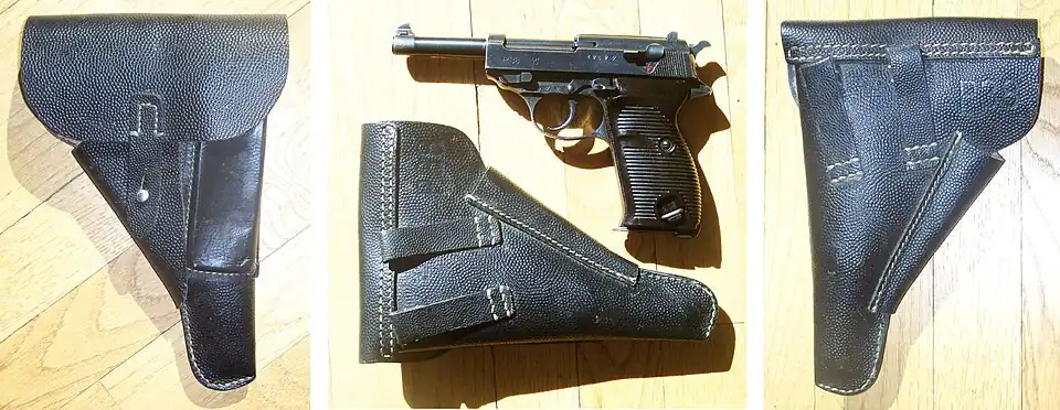 Pistole des Typs Walther P38 mit dem Kennsel byf 43, hergestellt in den Mauser-Werken, mit Holstern aus Pressstoff und Leder, gemacht in der Lederwarenfabrik Moll, das Kennsel cxb 4 (für 1944) tragend