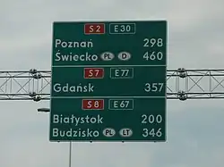 Beschilderung der S2/S7/S8 in Fahrtrichtung Knoten Konotopa