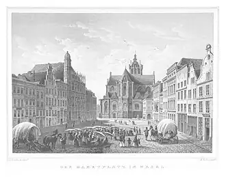 Weseler Marktplatz mit Rathaus (mittig links) um 1852