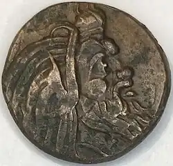 Tetrachalkon (Bronze­münze) von Pantikapaion, 310–304 v.&nbsp;Chr. – Vs.: Pankopf nach rechts, Rs.: Greifprotome über Stör, Umschr.: ΠΑΝ (PAN)