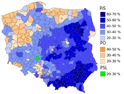 Mehrheiten bei der Wahl zum Sejm nach Powiats: Mehrheit für PiS ﻿>50 % ﻿>40–50 % ﻿>30–40 % ﻿unter 30 % Mehrheit für PO ﻿>40 % ﻿>30–40 % ﻿unter 30 % Mehrheit für PSL ﻿
