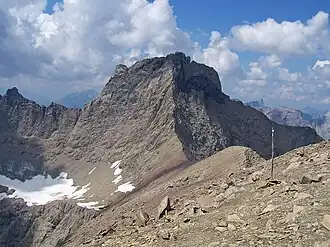 Blick vom Gatschkopf auf die Südwand, Ostgrat und Nordostwand der Parseierspitze, links die Reste des Grinner Ferners
