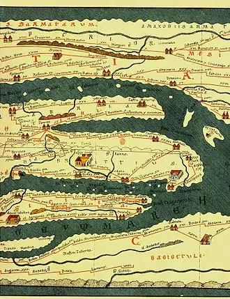 Römerstraßen auf der Tabula Peutingeriana (Ausschnitt) – von oben nach unten Balkanküste, Adria, Spitze des italienischen Stiefels und Sizilien sowie die Mittelmeerküste Afrikas
