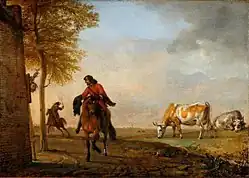 Paulus Pietersz Potter (1625–1654): Reiter bei einem Wirtshaus und zwei Kühe auf der Weide