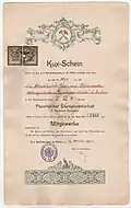Kux-Schein der Payerbacher Eisengewerkschaft von 1900 mit zwei Stempelmarken von 1934