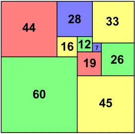 perfektes Rechteck mit einer bemerkenswert großen Seitenlänge von 7 des kleinsten Teilquadrats (10 Quadrate)