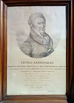 Portrait (Druck) des Peter Krausneker, mit lateinischem Text darunter, in dem er als 'Petrus Krausneker' betitelt ist. Originalmaße inkl. Rahmen: 41 × 59 cm.