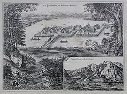 Ein Pfahlbaudorf im Bodensee (Untersee), im Ausschnitt Der Hohlefels bei Schelklingen, Lithographie Ende 19. Jh.