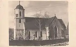 Bauzustand um 1930, alter Turm, romanisches Längsschiff, neugotisches Querschiff, gotischer Chor