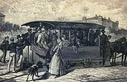 Vorortetram beim Westbahnhof um 1885 und die Verabschiedung des letzten Pferdebahnwagens der Wiener Tramwaygesellschaft, im Jahr darauf verkehrte dann auch die letzte Pferdebahn der Neuen Wiener Tramwaygesellschaft