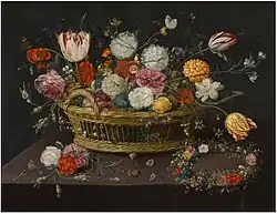 Blumenkorb und Kranz, sign. & dat. 1638, 45 × 60 cm, Öl auf Kupfer, Privatsammlung (?)